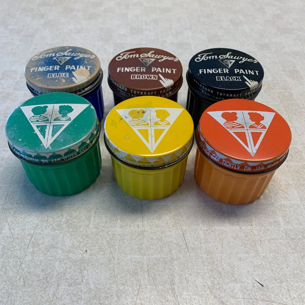 Six Vintage Empty Plastic Finger Paint Jars with Metal Lids